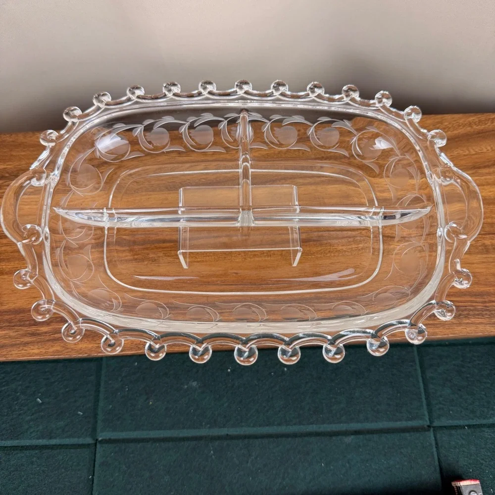Vintage Heisey Glass Moonglo Lariat Divided Relish Dish Clear Etched 3 Part Tray